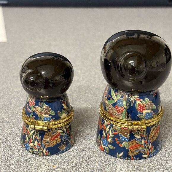 Vintage Trinket Box Asian Girls Japanese Doll Porcelain Hinged Kimono Design - Picture 7 of 9